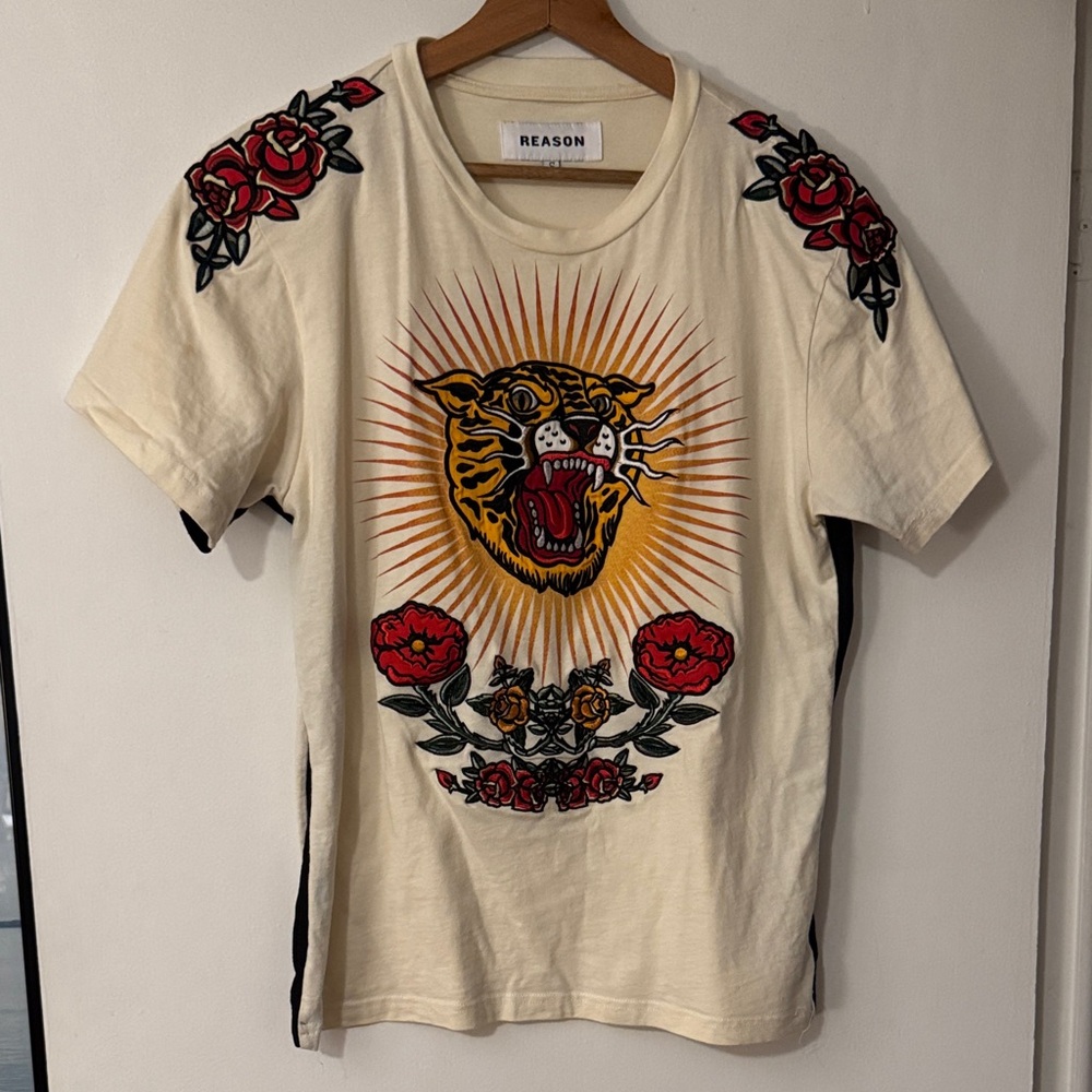 Reason Men's Beige Graphic Tee with Tiger and Roses